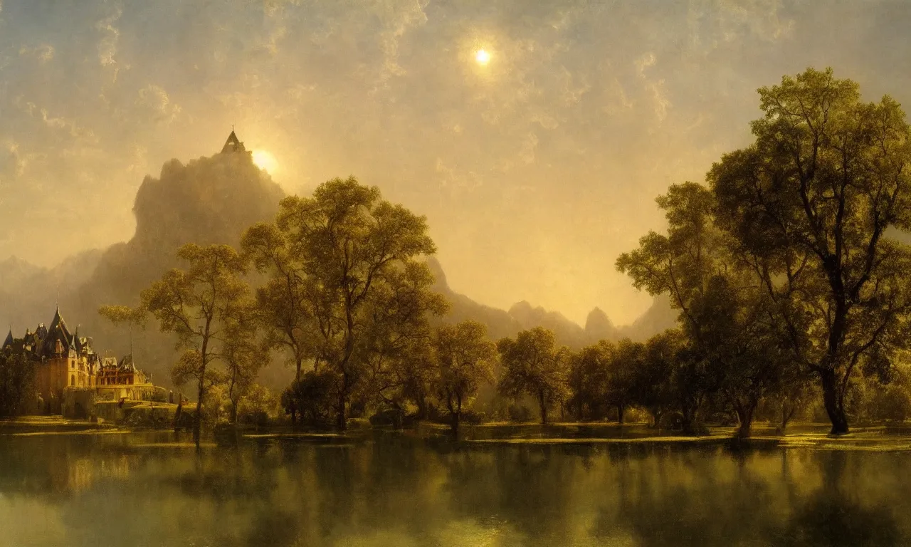 Image similar to beautiful illustration of chateau in a serene landscape, by albert bierstadt, magic realism, narrative realism, beautiful matte painting, heavenly lighting, retrowave, 4 k hd wallpaper