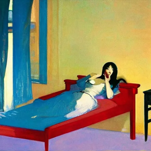Prompt: a woman sleeps in levitation above her bed vibrant by akihiko yoshida and edward hopper 4 5 6 4 5 6 4 6 5 4 6 5 s
