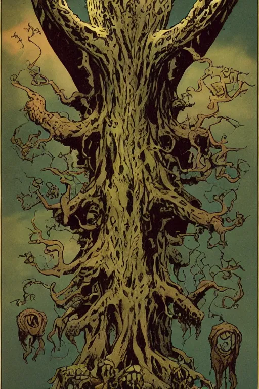 Image similar to Yggdrasil the tree of life by Mike Mignola and Richard Corben, trending on artstation, symmetrical