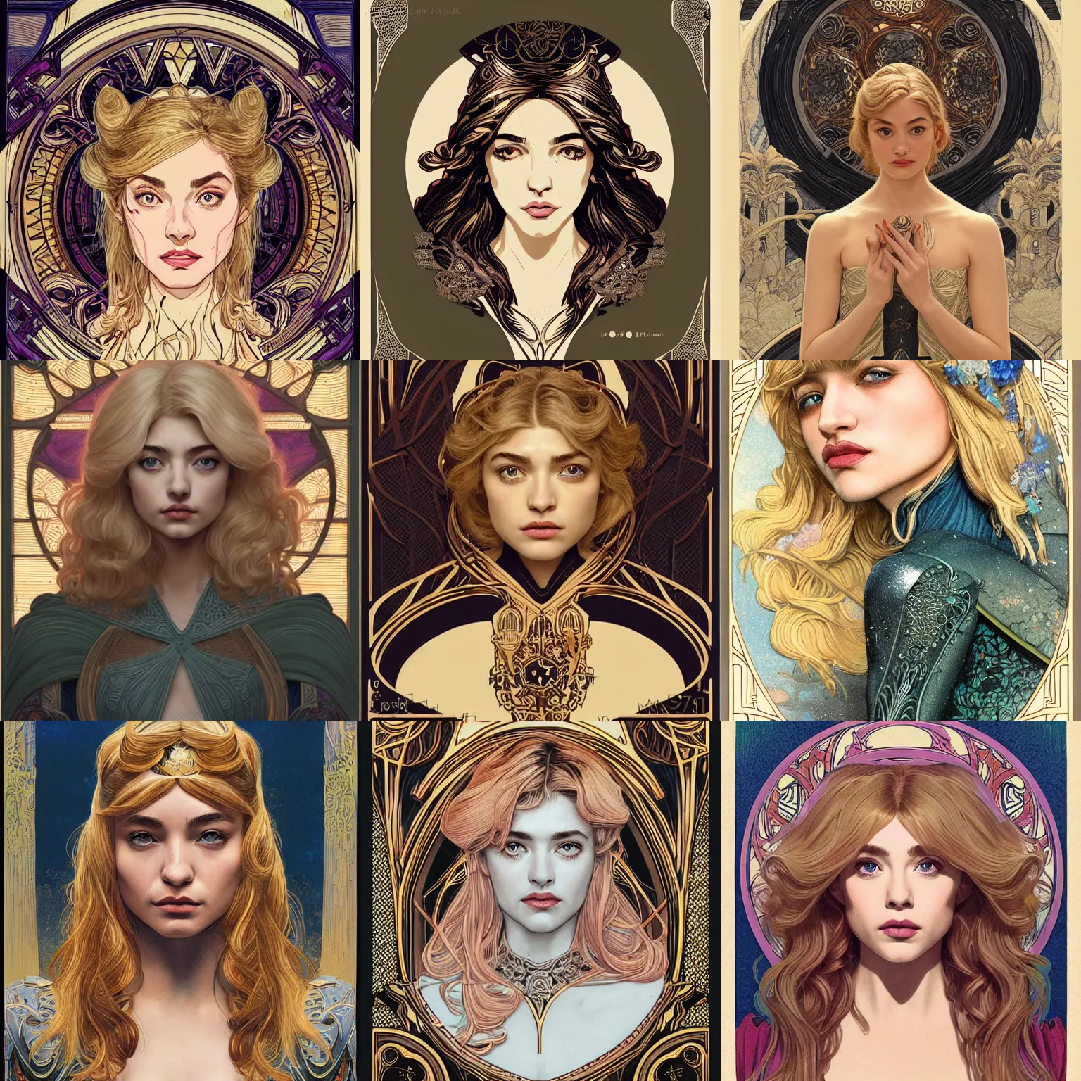 Prompt: front facing symmetrical centered portrait, Imogen Poots as a Paladin, blonde hair, Art Nouveau, beautiful retro Fantasy heroine 1985, movie poster, intricate, elegant, highly detailed, centered, digital painting, trending on artstation, concept art, smooth, sharp focus, illustration, art by raphael lacoste, eddie mendoza, Mucha, alex ross, WLOP