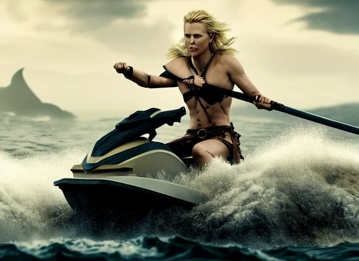 Image similar to film still of charlize theron as a viking women with weapons riding on a jet ski, wearing skin - tight futuristic valkerie bikini, rough seas in background, lightning storms, water world, mad max, hyper - realistic, highly detailed, accurate, 8 k octane render, 2 8 mm, wide angle, rule of thirds