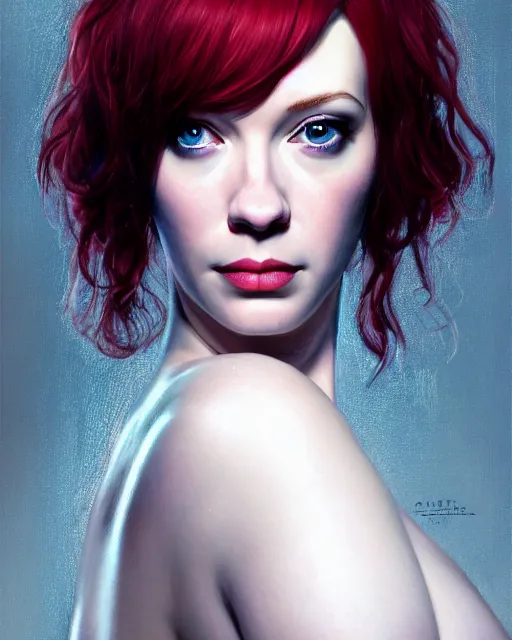 Image similar to sophisticated portrait of young Christina Hendricks starring in ghost in the shell, visible chest and face, fully-centered-photograph, 8k resolution, looking at the camera elegance, highly detailed, shallow depth of field, Artstation, Artgerm, Donato Giancola and Joseph Christian Leyendecker