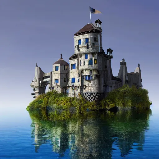 Prompt: futuristic medieval castle on a floating rock above the ground