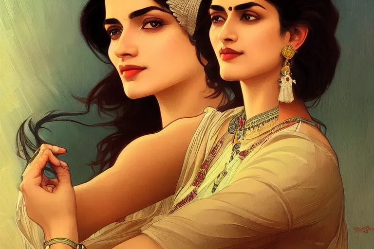 Image similar to sensual pale beautiful indian doctor in jeans, art deco portrait, elegant, intricate, digital painting, artstation, concept art, smooth, sharp focus, illustration, art by artgerm and greg rutkowski and alphonse mucha