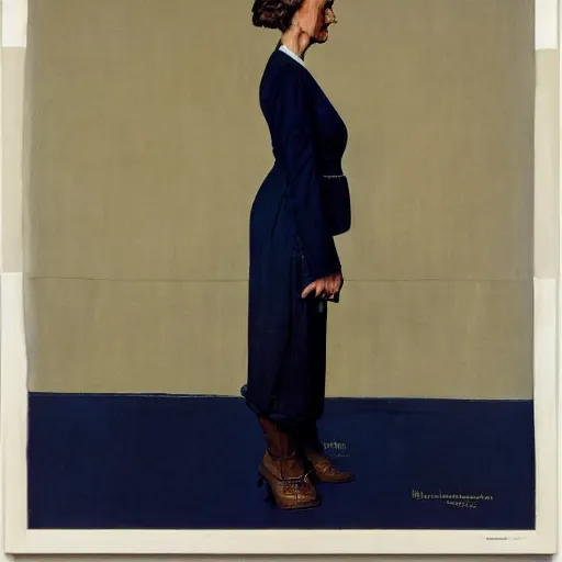 Prompt: head and legs portrait of woman, fierce, fully clothed, three quarter profile, norman rockwell, jacob collins, tom lovell, frank schoonover