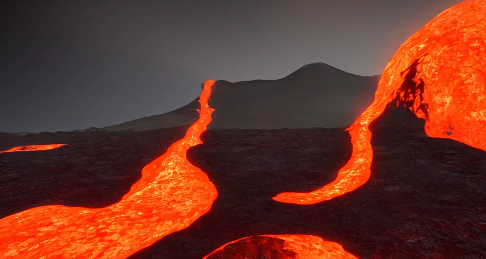 Image similar to volcano with glowing orange lava rolling down the side of it, low lighting, unreal engine 5 octane render