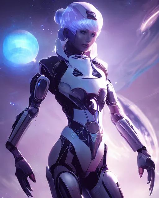 Image similar to perfect android girl on a mothership, warframe armor, beautiful face, scifi, futuristic, galaxy, nebula, raytracing, dreamy, long white hair, blue cyborg eyes, sharp focus, cinematic lighting, highly detailed, artstation, divine, by gauthier leblanc, kazuya takahashi, huifeng huang