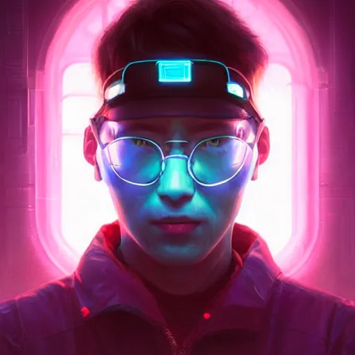 Image similar to portrait Ron Wisly with visor in cyberpunk, harry potter, neon lighting, night city, digital art from artstation by Ruan Jia and Mandy Jurgens and Artgerm and william-adolphe bouguereau and Greg Rutkowski