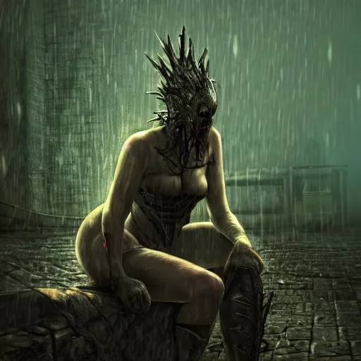 Image similar to Elana, the Squalid Queen boss from dark souls 2 sitting near a dead man, evening time, heavy rain, rain water reflections in ground, digital illustration, crisp details, highly detailed art, 8k image quality, full body camera shot