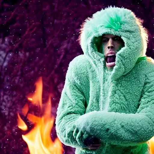 Image similar to pete davidson dressed in a fuzzy green yeti costume in the snow with fire exploding behind him