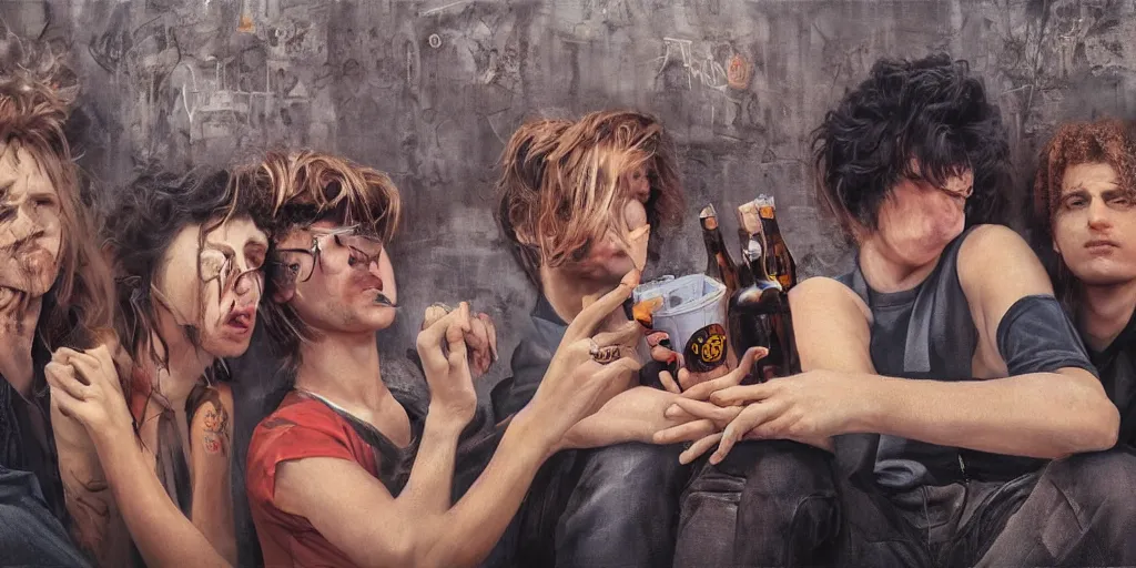 Image similar to beautiful oil matte portrait painting, 8 0 s punks sitting on the berlin wall drinking bottles of beer and listening to a boombox, wonderful masterpiece highly detailed, beautiful cinematic light deep focus, elegant, digital painting, smooth, sharp focus, golden ratio, dramatic illumination, ultra realistic, 8 k, art by jimmy law