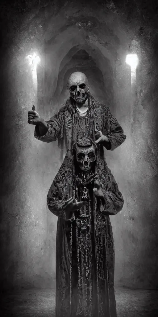 Image similar to a highly realistic and detailed full Priest standing in a dark dirty basement holding a rosary, wide angle 70mm lens, volumetric haze, front facing camera, symmetrical, photorealistic, insanely detailed and intricate, epic, hyper realistic, elegant, ornate, elite, horror, creepy, ominous, haunting, cinematic lighting, unreal engine, cinematic centered camera, high detail, no blur, unreal engine 8k