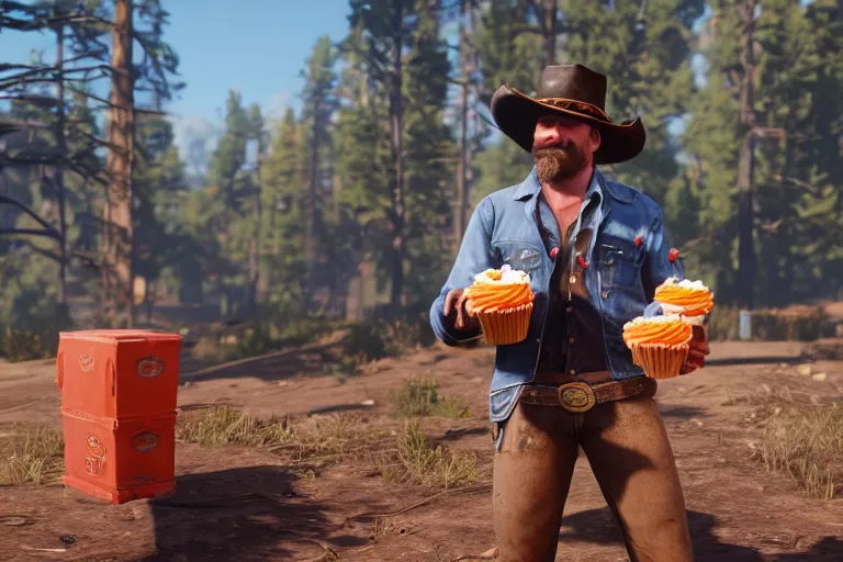 Prompt: film still of the main character brawny burly surly cowboy standing holding a cupcake with orange frosting in the outdoor scene in an action movie posing for the camera 2 0 2 0, 4 k wild west red dead redemption 2 game screenshot