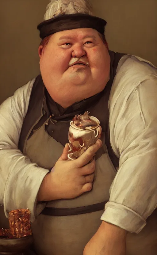 Prompt: portrait of an old fat fantasy tavern owner with dirty apron by Edgar Maxence and Ross Tran and Michael Whelan, 8k, octane render