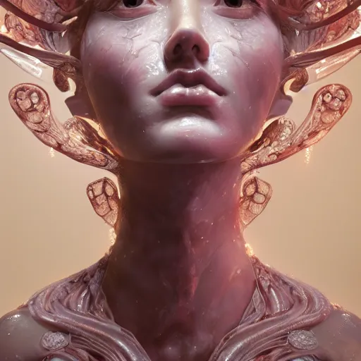 Image similar to abstract highly detailed female sculpture drawing made of white marble and red crystals quartz and minerals, ethereal lights, fine details, artstation, digital paint, fantasy, cinematic photoshooting, illustration, 8 k, intricate golden filigree, octane render, hypperrealistic painting, abstract liquid, concept art, painting by james gilleard and minna sundberg