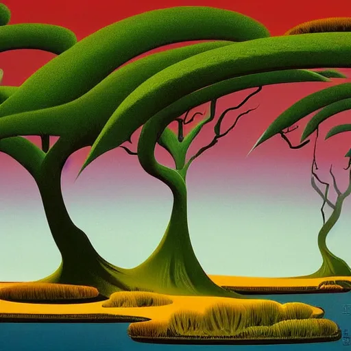 Image similar to painting of a lush natural scene on an alien planet by eyvind earle. magical realism. very detailed. beautiful landscape. weird vegetation. cliffs and water.