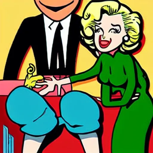 Image similar to beetle bailey hanging out with marilyn monroe in the style of hopper.