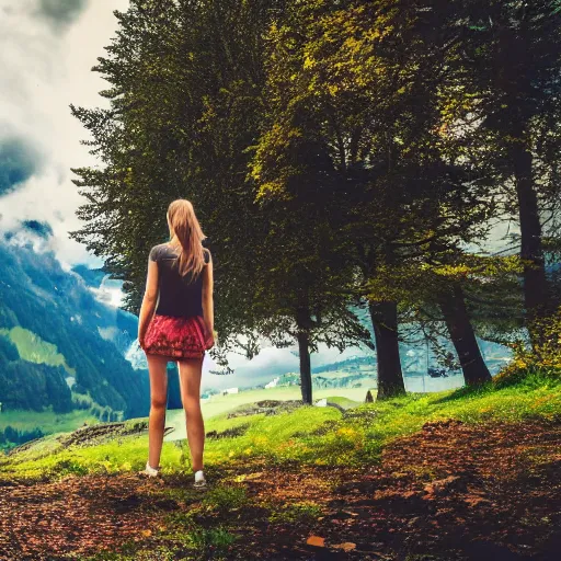 Image similar to a beautiful photograph of a girl with switzerland landscape in the background with trees, hdr, 8 k, high quality, sharp focus, artstation, highly detailed, award - winning, dramatic lighting, beautiful clouds, and nature