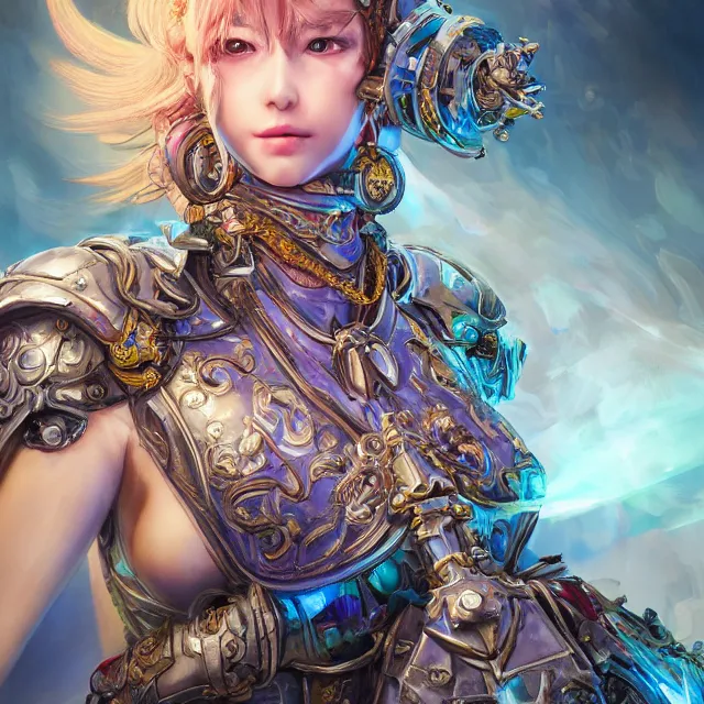 Image similar to studio portrait of lawful good colorful female holy mech paladin as absurdly beautiful, elegant, young sensual gravure idol, ultrafine hyperrealistic detailed face illustration by kim jung gi, irakli nadar, intricate linework, sharp focus, bright colors, matte, octopath traveler, final fantasy, unreal engine highly rendered, global illumination, radiant light, intricate environment