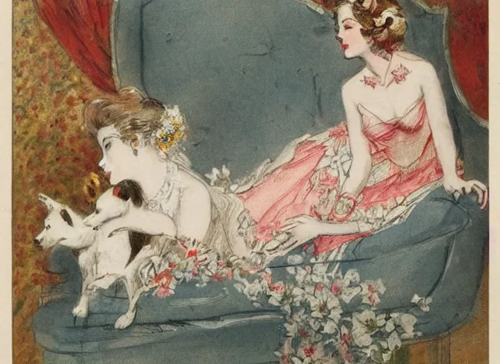 Image similar to Louis Icart, an old elaborate colored drawing of a woman laying eloquently on a sofa holding a puppy, wearing flowing dress with floral motifs, by Louis Icart, highly detailed, masterpiece