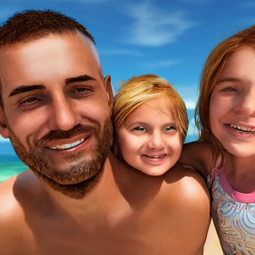 Image similar to portrait of a happy family on a beach, realistic shaded perfect face, extremely fine details, realistic shaded lighting, 8 k ultra realistic, highly detailed, ultra detailed