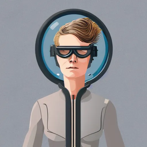 Image similar to tattooed stoic heroic emotionless dirty butch blonde woman engineer with very short slicked - back hair, uncomfortable awkward and anxious, wearing dark - lensed victorian goggles, wearing flight suit, moebius, rough paper, smooth median photoshop filter cutout vector, moebius, behance hd