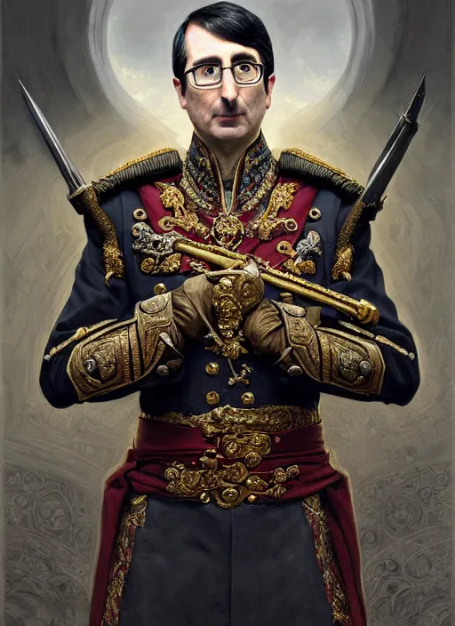 Image similar to portrait of supreme leader john oliver as stoic king, royalty, extravagant, lord, full body, military uniform, fantasy, intricate, elegant, beautiful, highly detailed, charcoal, centered, dark, smokey, digital painting, artstation, concept art, art by artgerm and greg rutkowski and alphonse mucha