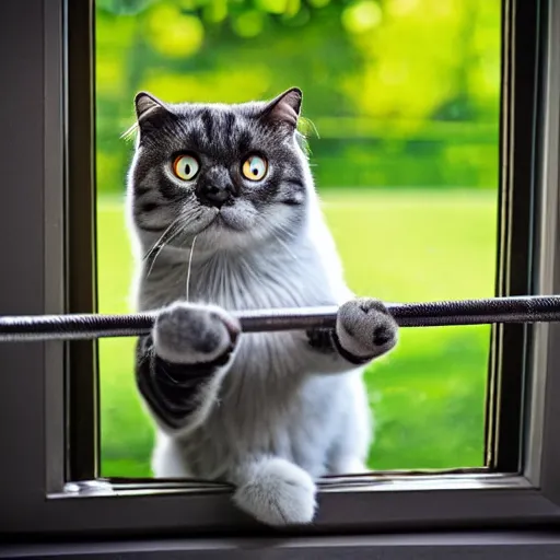 Prompt: a scottish fold cat holding an iron bar in hands, breaking the glass of a window