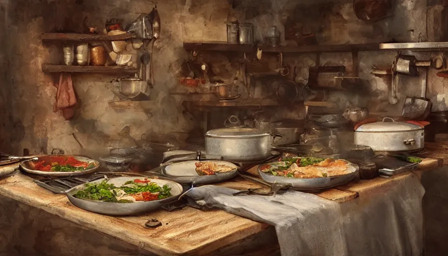 Prompt: babouchka cooking in old 1 9 0 0's wooden kitchen, pan and plates, hyperdetailed, artstation, cgsociety, 8 k