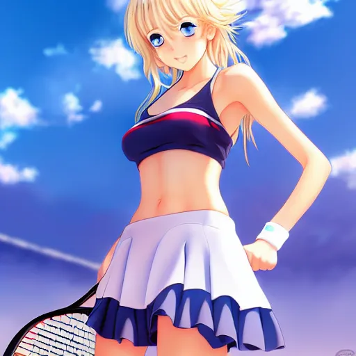 Image similar to a very beautiful young mature anime tennis girl, full body, long wavy blond hair, sky blue eyes, full round face, short smile, bikini, miniskirt, highly detailed, cinematic wallpaper by stanley artgerm lau