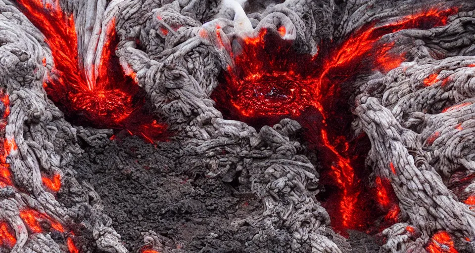 Prompt: a volcano made of ivory vines and crimson rocks enters in eruption, it spits a smoke in the shape of demonic eye, by Yoshitaka Amano,