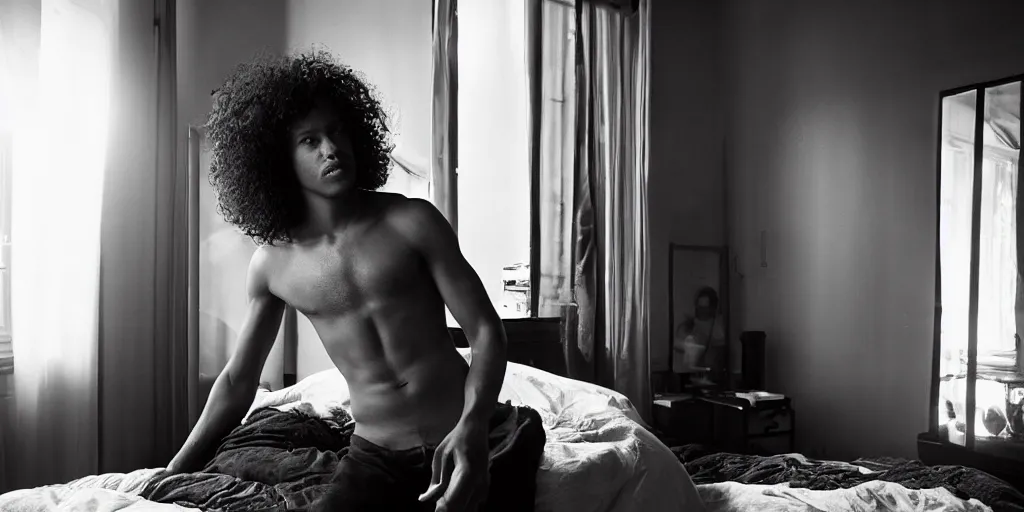 Image similar to a black and whirte portrait of a handsome guy posing in an east village bedroom, morning light, natural, long, brown curly hair, by larry clark award winning photograph