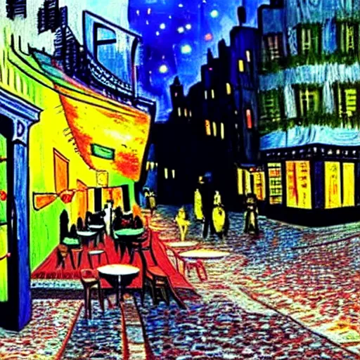 Image similar to Photo of Cyberpunk Cafe Terrace at night by Vincent Van Gogh in real life