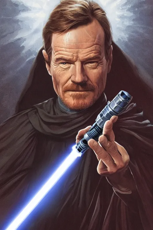 Prompt: Bryan Cranston as a Jedi Master holding a lightsaber correctly, looking at the viewer, detailed face, high contrast, highly detailed, digital painting, sharp focus, trending on artstation, masterpiece, concept art, illustration, Star Wars art, art by greg hildebrandt and clayton crain