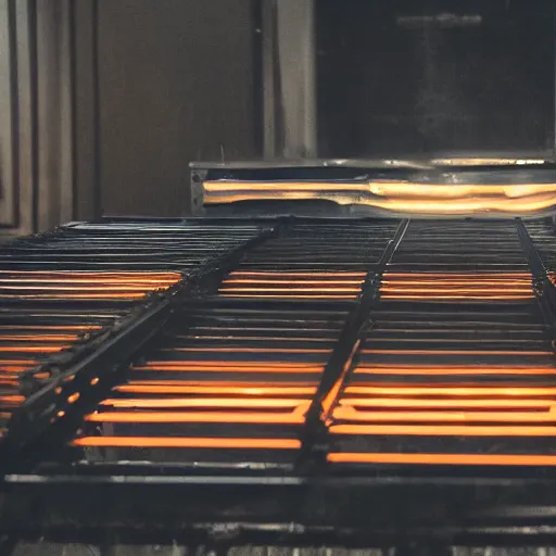 Image similar to rows of toaster oven mecha heads on conveyor belt, dark messy smoke - filled cluttered workshop, dark, dramatic lighting, orange tint, sparks, cinematic, highly detailed, sci - fi, futuristic, movie still