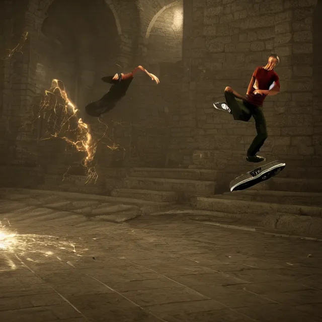 Prompt: tony hawk kick flipping over a boss in dark souls, dark cinematic, volumetric, realistic, cinematic lighting, ray tracing, unreal engine 5, unreal engine render, octane render, hyper realistic, photo, 8 k