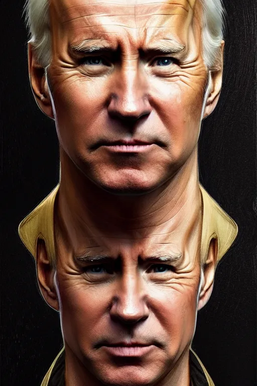 Image similar to Portrait of person, who has half a Putin\'s face and half of a Biden\'s face, D&D, face, fantasy, intricate, elegant, highly detailed, digital painting, artstation, concept art, smooth, sharp focus, illustration, art by artgerm and greg rutkowski and alphonse mucha