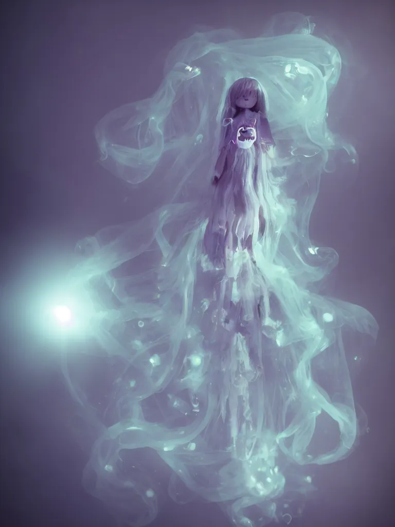 Image similar to cute fumo plush smiling ectoplasmic gothic macabre jellyfish ghost girl, glowing wisps of hazy smoke and volumetric fog, lens flare, vignette, bokeh, refraction, vray