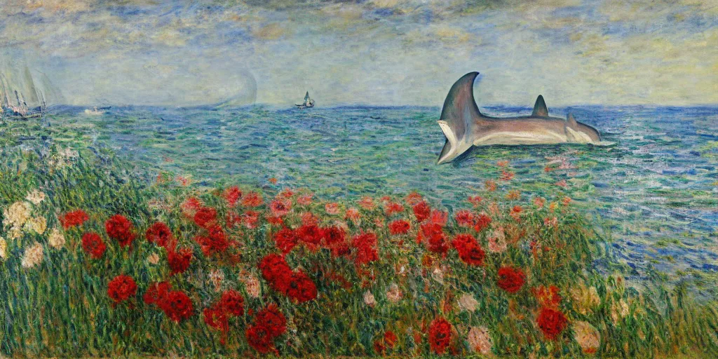 Prompt: flowers as long as the eyes can see, giant shark in the distance, in the style of monet, oil painting, 1 6 k