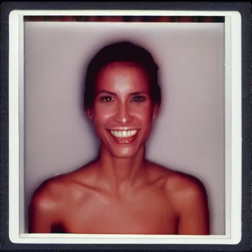 Prompt: photo of a beautiful woman with multiple rows of teeth like a shark soft lighting Polaroid 1980s