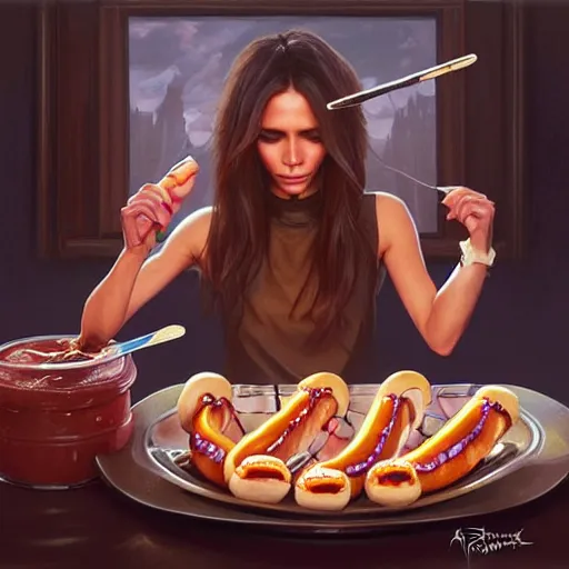 Prompt: Victoria Beckham eating Hot Dogs, dripping BBQ Sauce, serving big macs, D&D, spilling ketchup, fantasy, intricate, elegant, highly detailed, digital painting, artstation, concept art, matte, sharp focus, illustration, hearthstone, art by Artgerm and Greg Rutkowski and Alphonse Mucha