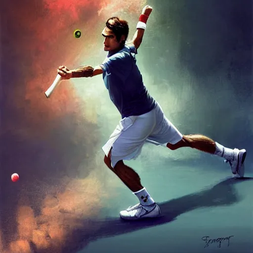 Prompt: roger federer playing tennis as a hero, picture by greg rutkowski, dynamic pose, intricate, futuristic, fantasy, elegant, by stanley artgerm lau, greg rutkowski, thomas kindkade, alphonse mucha, loish, norman rockwell,