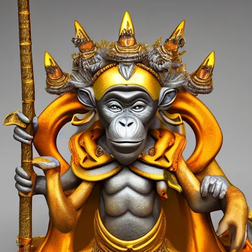 Image similar to monkey king godly lord of monkeys, wearing a crown, holding a staff, sitting in throne 8 k render high detail