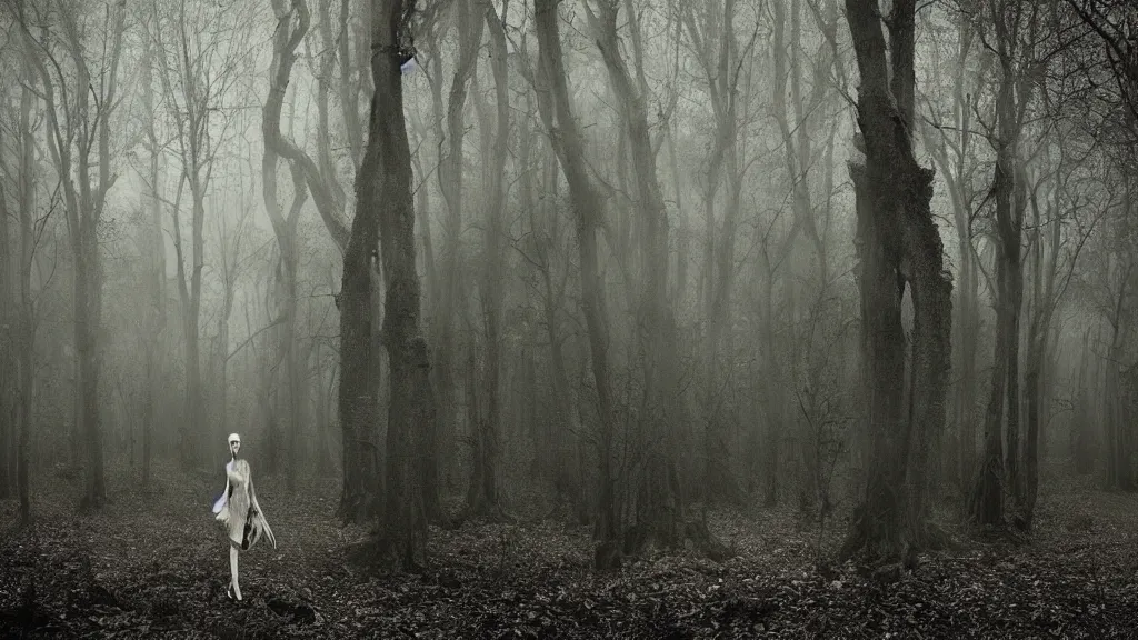 Prompt: eerie atmospheric symmetrical vogue fashion photography in a forest by paolo roversi