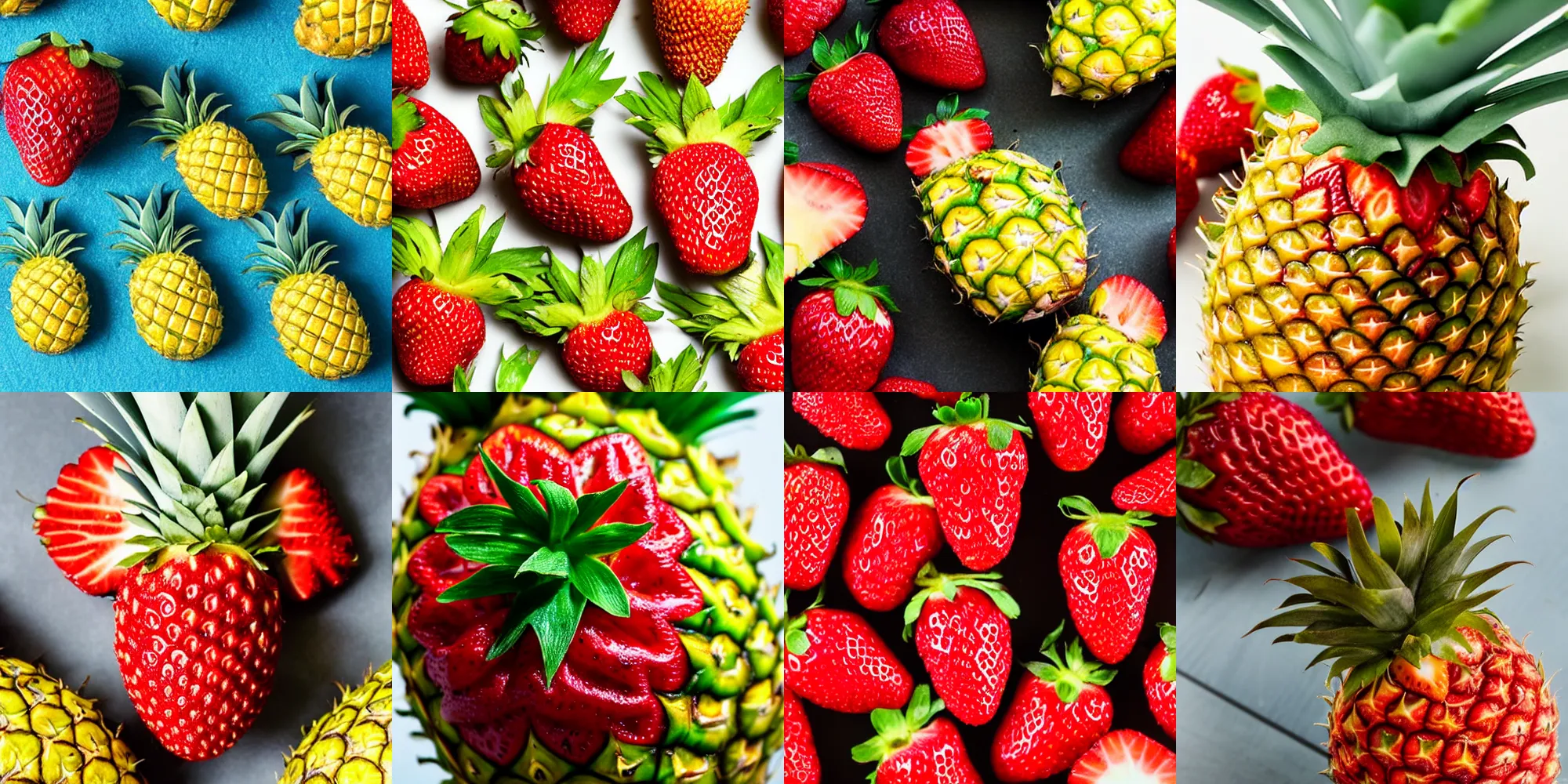 Prompt: closeup of a strawberry in the shape of a pineapple, food photography