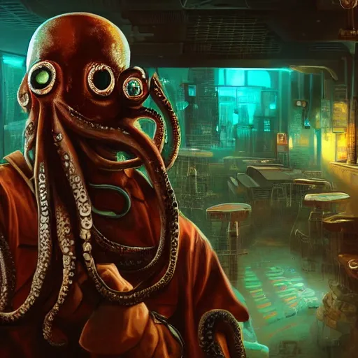 Image similar to a high quality portrait of octopus Davy Jones in a cyberpunk cyberpunk cyberpunk cafe, realism, 8k, award winning photo