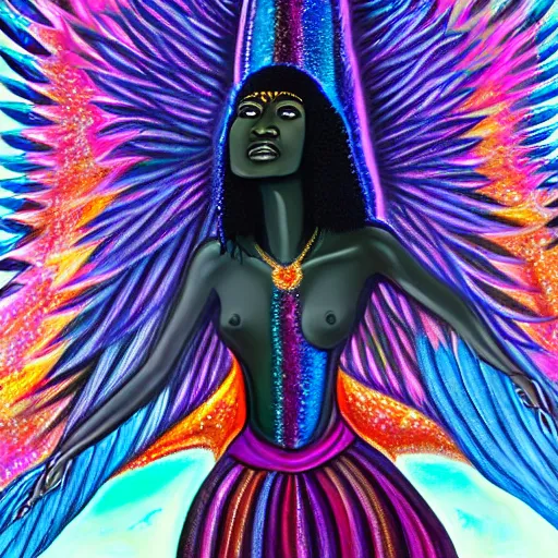 Prompt: isis depicted as a black woman with large iridescent wings in front of a crystal pyramid by Aliza Razell, lisa frank, and android jones, oil on canva