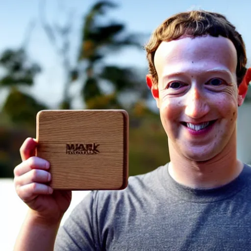 Image similar to mark zuckerberg holding a wooden coaster up to the camera