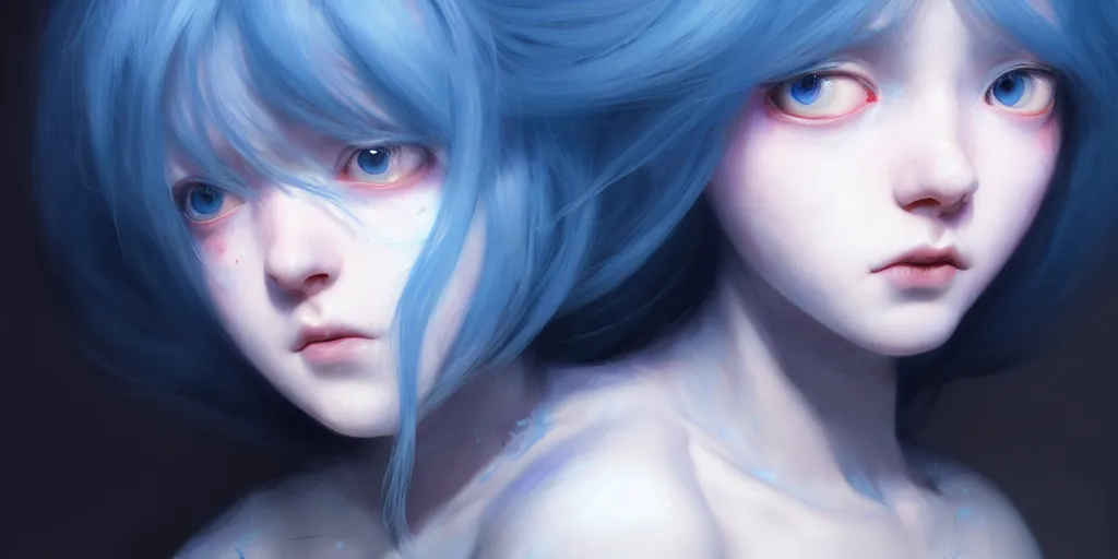 Image similar to portrait of a big eyed blue haired teenage girl looking sad to the camera, powder from the tv series arcane, extremely detailed digital painting, in the style of fenghua zhong and ruan jia and jeremy lipking and peter mohrbacher, mystical colors, rim light, beautiful lighting, 8 k, stunning scene, raytracing, octane, trending on artstation