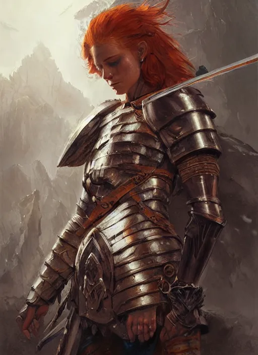 Prompt: highly detailed painting of a warrior woman commander, knight, icelandic, redhead, blue - eyes, high fantasy, dungeons and dragons art by jon foster trending on artstation painted by greg rutkowski, painted by stanley artgerm